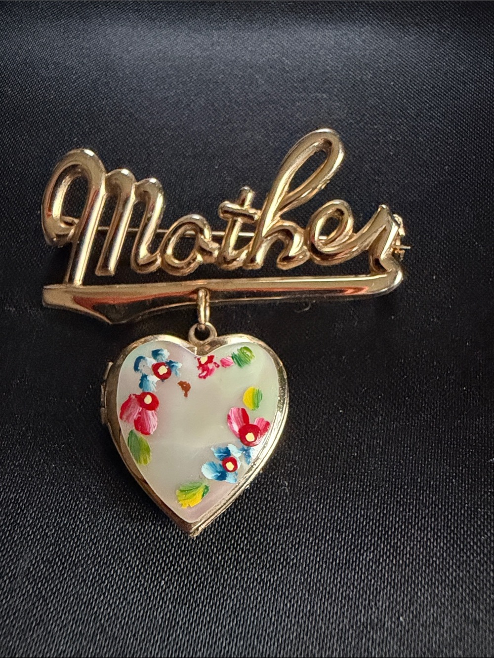 Gold 'Mother' Script Pin with Floral Heart Locket